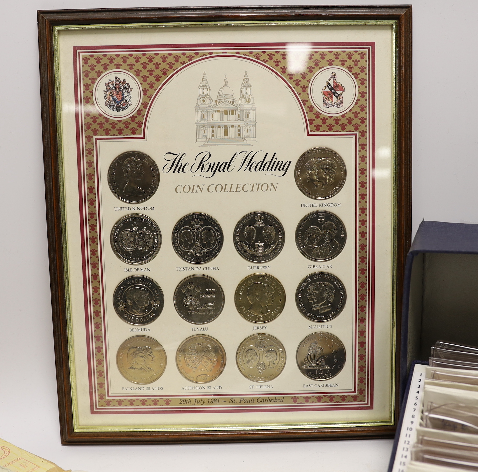 A collection of QEII commemorative crowns, mostly pre-decimal, a 1937 crown, and incomplete composed sets of George V coins, farthing to halfcrown for 1917-1934, varying grades, 1 box